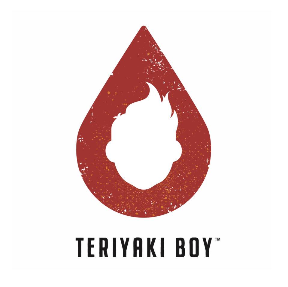 A red tear drop logo with the words teriyaki boy underneath it.