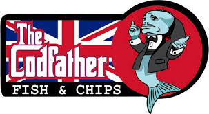 A fish and chips shop logo with the british flag.