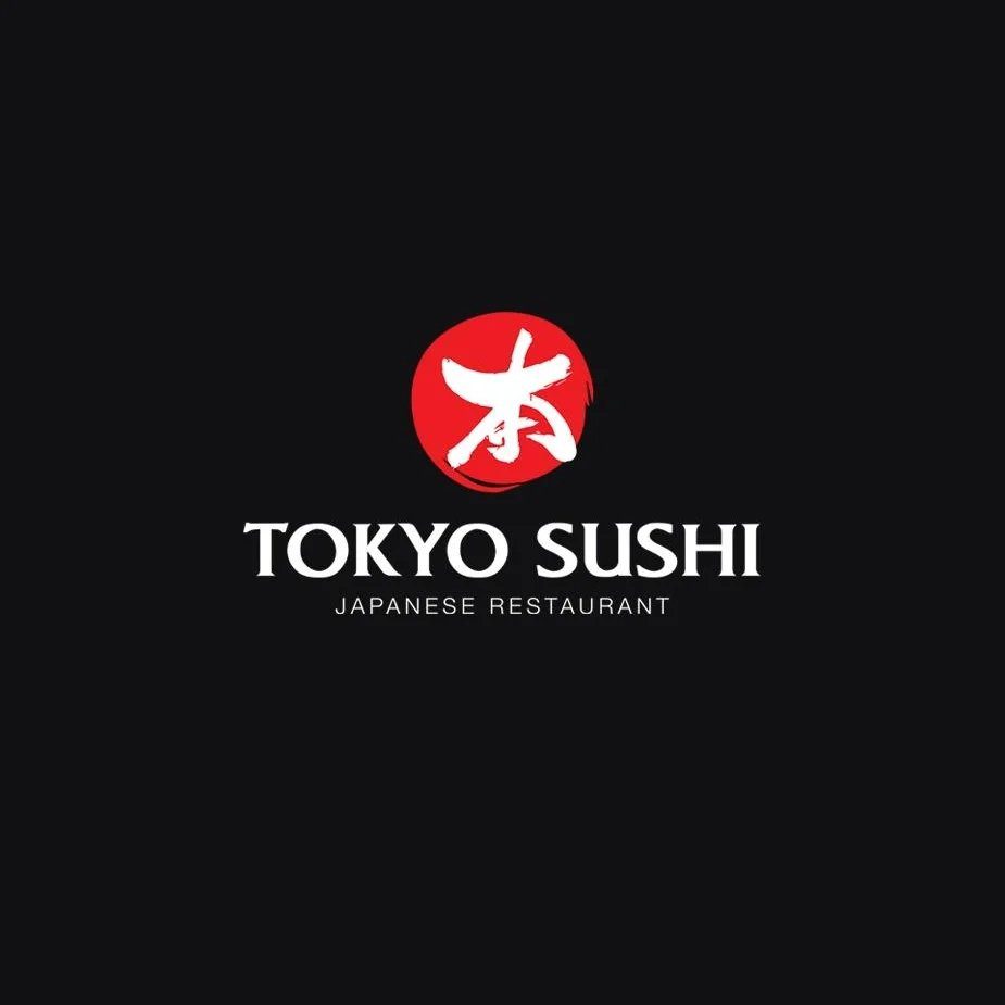 A black and white logo of tokyo sushi.