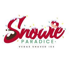 A red and white logo for snowie paradice.