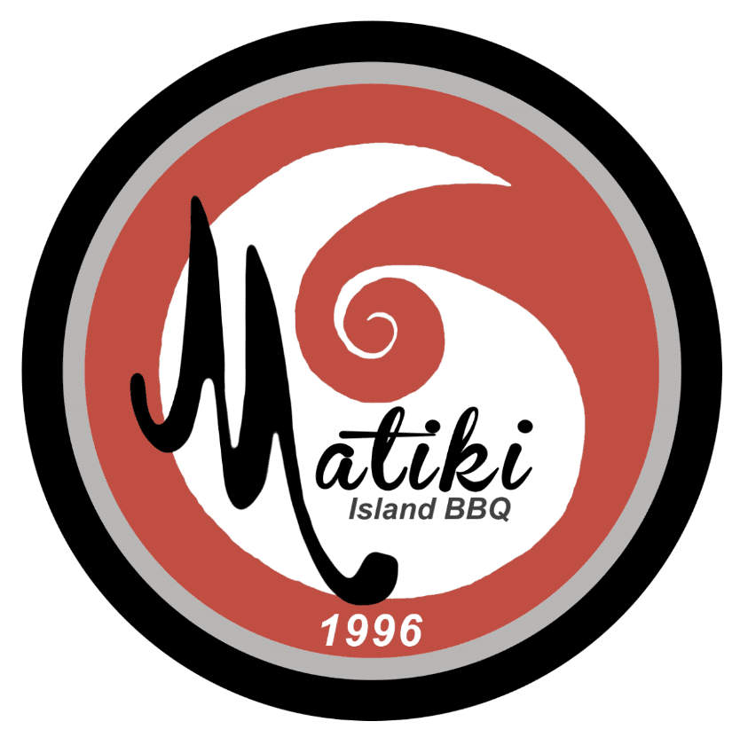 A red and black logo for matiki island bbq.