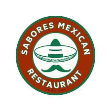 A red and white logo of sabores mexican restaurant.