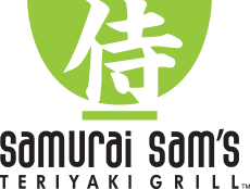 A green logo with the words samurai sushi in japanese.