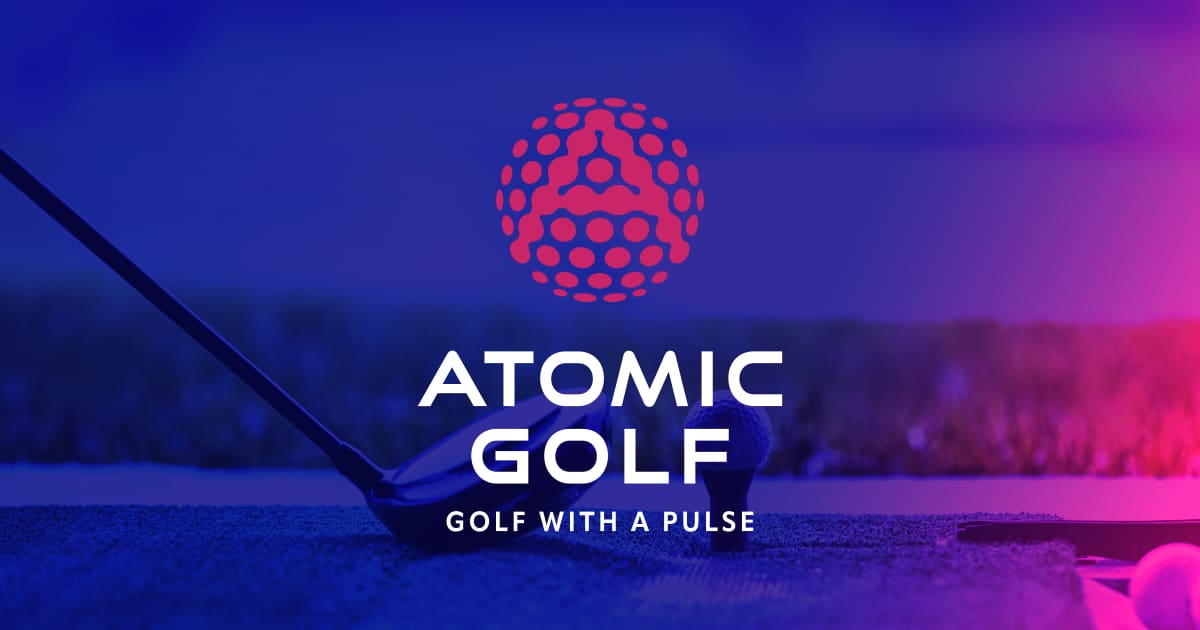 A logo for atomic golf, with the name of the course.