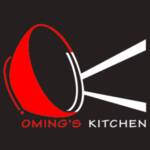 A red and white logo for omings kitchen