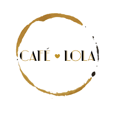 A logo of cafe lola with coffee stains.