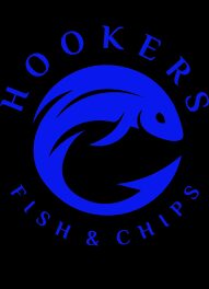 A blue fish and chips logo on a black background