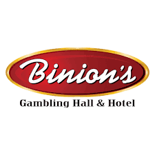 A red and gold logo for binion 's gambling hall & hotel.