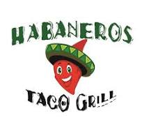 A chili pepper wearing a green hat with text that reads " habaneros taco grill ".