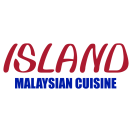 A restaurant logo with the words island malaysian cuisine written in red.